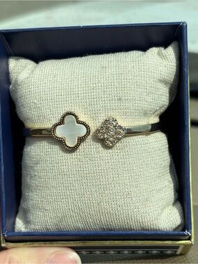 Gold Clover Open Cuff Bracelet with Mother-of-Pearl and Crystal Clover Accents